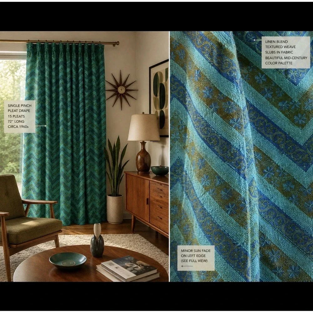 MCM European Linen Pinch Pleat Drapery Panel. 1 of 3. Turquoise/Olive Green